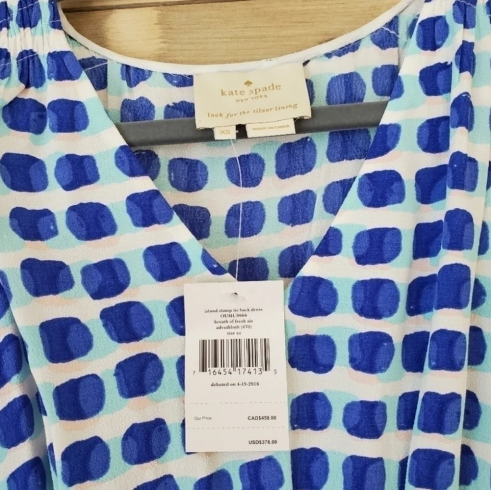 Kate Spade Blue White Island Stamp Tie Back Dress Brush Dot Print feminine Vacat